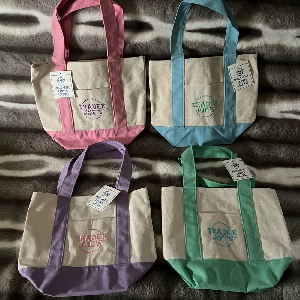 Trader Joes Pastel Mini Canvas Tote Bags Set of 4 (Pink, Lavender, Green, Blue)